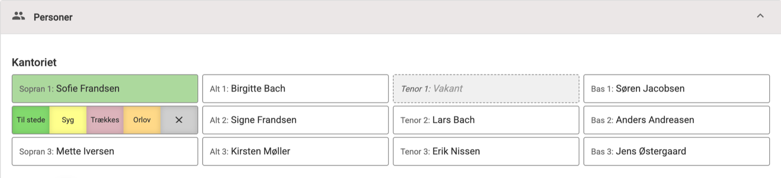 Fremmøderegistrering i KirkeTjek med statusvalg: til stede, syg, trækkes og orlov